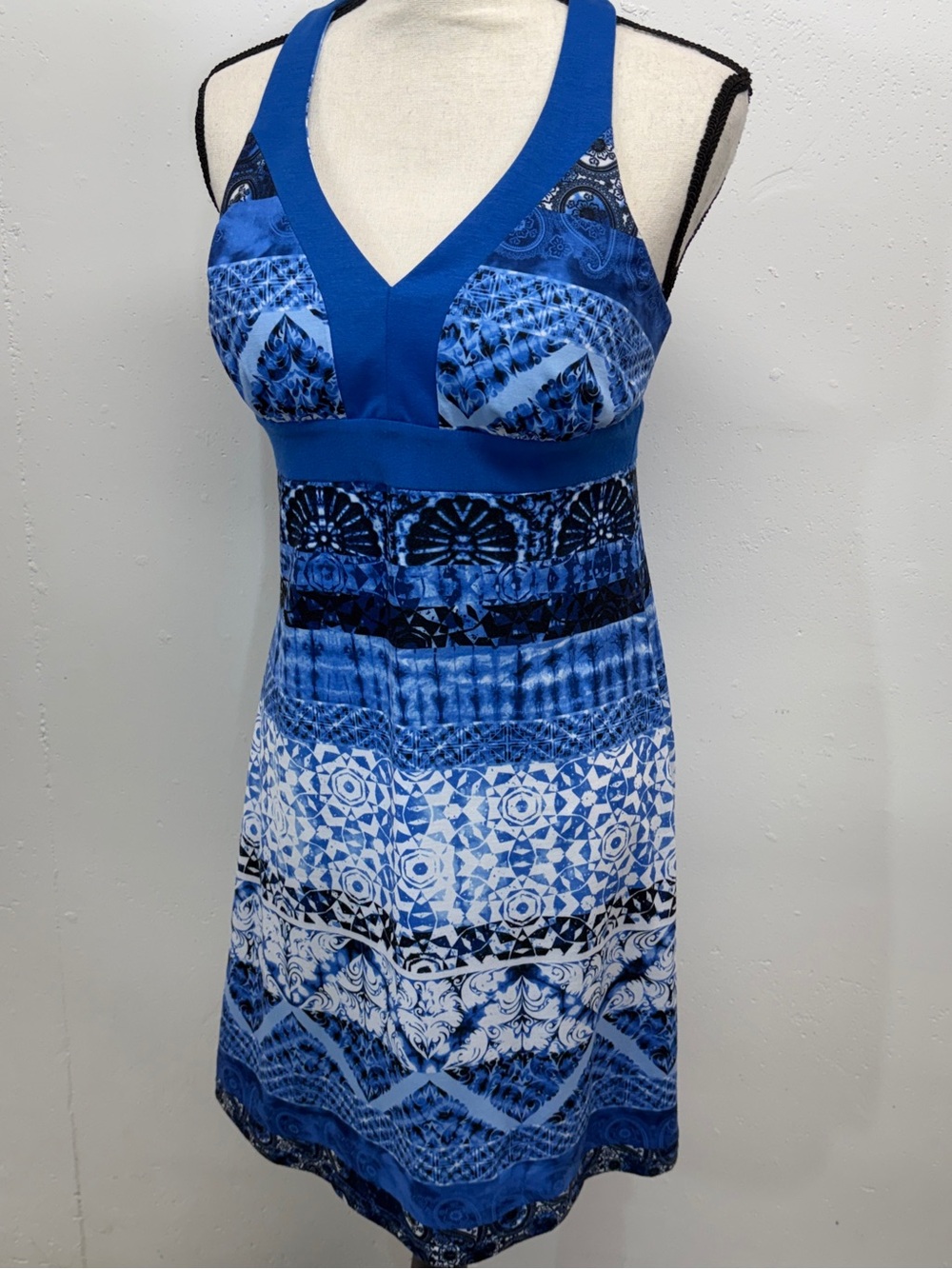 Blue Patterned V-Neck One-Piece Swim Dress - Picture 6 of 15